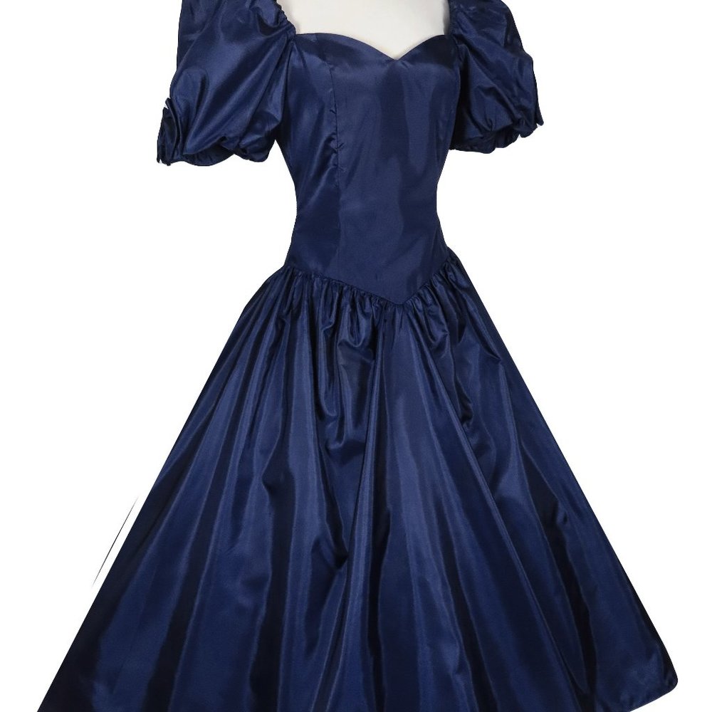 Vintage 80s Navy Blue Taffeta Puff Sleeve Full Skirt Hi Lo Prom Party Dress XS - Picture 7 of 10